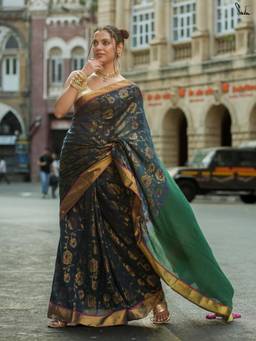 Suta - Teal Cotton Acrylic Saree with Gold Zari Floral Motifs
