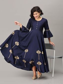 The Mom Store - Navy Flared Floral Gold Foil Print Maternity and Feeding Dress (Set of 2)