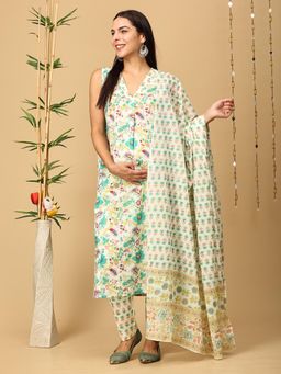 The Mom Store - Aabha Maternity and Nursing Sleeveless Kurta with Pant and Dupatta (Set of 3)