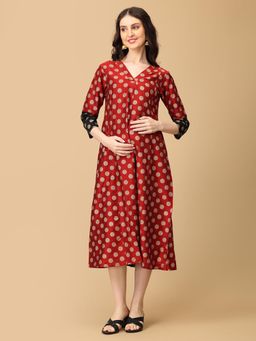 The Mom Store - Laal-E-Nazakat Silk Foil Printed Maternity and Nursing Dress (Set of 2)
