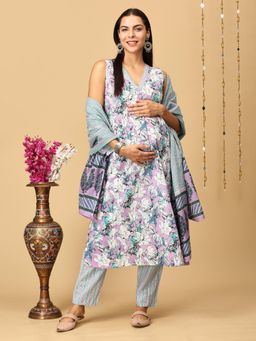 The Mom Store - Maternity and Nursing Sleeveles Kurta with Pant and Dupatta (Set of 3)