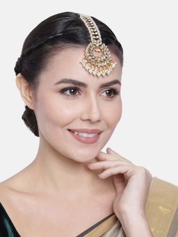 Peora - Gold Plated Traditional Kundan Ethnic Mathapatti-Maangtikka With Dangling Beads