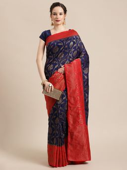 Banarasi Silk Works - Dupion Woven Saree Navy Blue with Unstitched Blouse