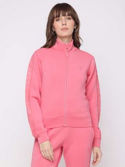 Guess - Women'S Pink Solid High Neck Long Sleeves Sweatshirt
