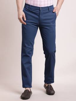 Turtle - Men Blue Slim Fit Flat Front Cotton Stretch Casual Trouser