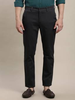 Turtle - Men Black Usf Solid Flat Front Cotton Stretch Casual Trouser