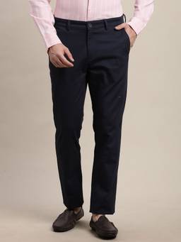 Turtle - Men Narrow Fit Solid Cotton Stretch Navy Blue Casual Trouser