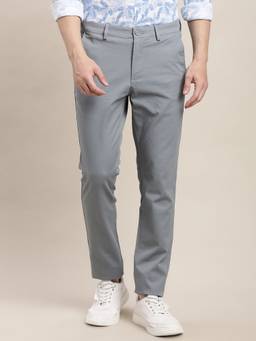 Turtle - Men Narrow Fit Solid Cotton Stretch Grey Casual Trouser