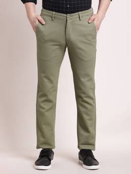 Turtle - Men Olive Slim Fit Flat Front Cotton Stretch Casual Trouser