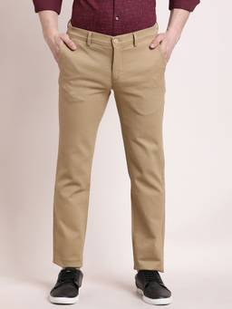Turtle - Men Dark Beige Slim Fit Flat Front Cotton Stretch Casual Trouser