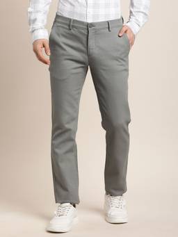 Turtle - Men Grey Slim Fit Flat Front Cotton Stretch Casual Trouser