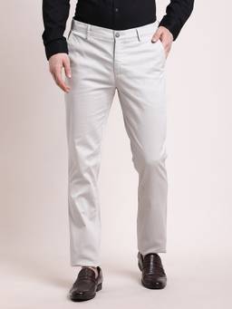 Turtle - Men Off White Slim Fit Flat Front Cotton Stretch Casual Trouser