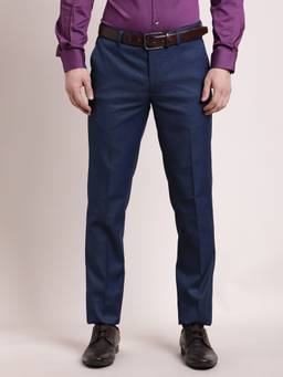 Turtle - Men Blue Slim Fit Flat Front Terry Rayon Formal Trouser