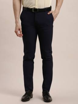 Turtle - Men Narrow Fit Solid Cotton Stretch Navy Blue Formal Trouser