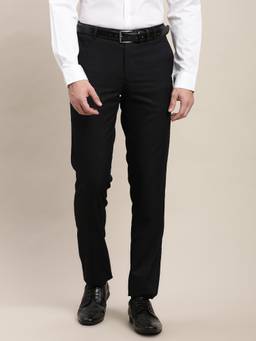 Turtle - Men Black Sf Checkered Flat Front Polyviscose Stretch Formal Trouser