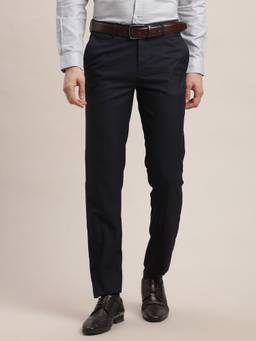 Turtle - Men Narrow Fit Solid Polyviscose Navy Blue Formal Trouser