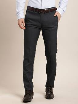 Turtle - Men Charcoal Slim Fit Flat Front Polyviscose Stretch Formal Trouser