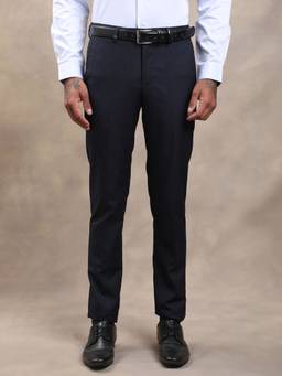 Turtle - Men Navy Blue Slim Fit Flat Front Cotton Viscose Formal Trouser