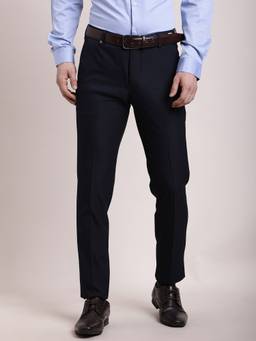 Turtle - Men Navy Blue Slim Fit Flat Front Cotton Stretch Formal Trouser