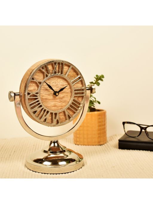 Manor House House Eham Table Clock 9.5 inches Tall Nickel & Wood Finish