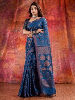 CHARUKRITI - Teal Blue Blend Cotton Soft Handwoven Saree and Allover Copper Zari & Unstitched Blouse
