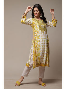 Biba - Womens Off White Printed Rayon Straight Kurta