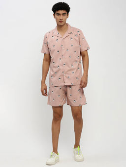 SHOWOFFFF - Mens Short Sleeves Printed Peach Cuban Collar Co-Ord (Set of 2)