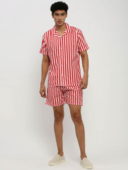 SHOWOFF - Mens Short Sleeves Striped Red Cuban Collar Co-Ord (Set of 2)