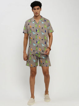 SHOWOFFFF - Mens Short Sleeves Printed Grey Cuban Collar Co-Ord (Set of 2)