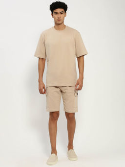 SHOWOFF - Mens Short Sleeves Solid Beige Round Neck Co-Ord (Set of 2)