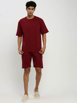 SHOWOFF - Mens Short Sleeves Solid Maroon Round Neck Co-Ord (Set of 2)