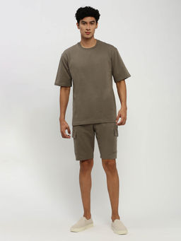 SHOWOFF - Mens Short Sleeves Solid Olive Round Neck Co-Ord (Set of 2)