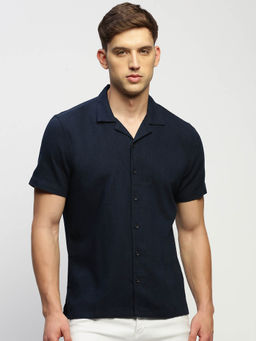 SHOWOFF - Mens Short Sleeves Solid Navy Blue Slim Fit Comfort Shirt