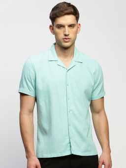 SHOWOFFFF - Mens Short Sleeves Solid Sea Green Slim Fit Comfort Shirt