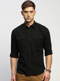 SHOWOFF - Mens Long Sleeves Solid Black Slim Fit Comfort Shirt