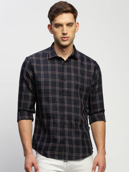 SHOWOFFFF - Mens Long Sleeves Checked Navy Blue Slim Fit Classic Shirt