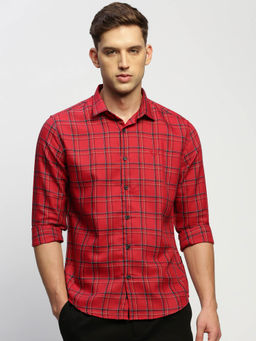 SHOWOFFFF - Mens Long Sleeves Checked Red Slim Fit Classic Shirt