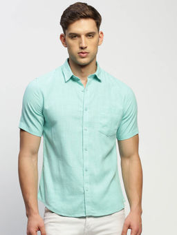 SHOWOFFFF - Mens Short Sleeves Solid Sea Green Slim Fit Standard Shirt