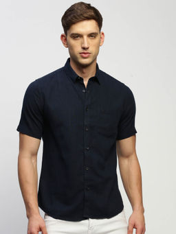 SHOWOFF - Mens Short Sleeves Solid Navy Blue Slim Fit Standard Shirt