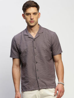 SHOWOFF - Mens Short Sleeves Self Design Grey Slim Fit Comfort Shirt