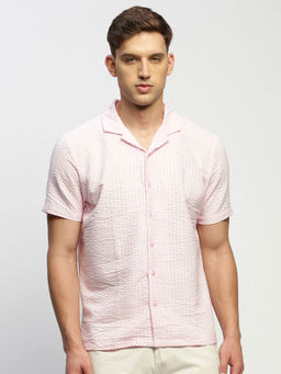 SHOWOFFFF - Mens Short Sleeves Self Design Pink Slim Fit Comfort Shirt
