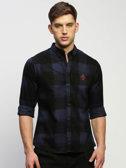 SHOWOFF - Mens Long Sleeves Checked Navy Blue Slim Fit Standard Shirt