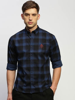 SHOWOFFFF - Mens Long Sleeves Checked Blue Slim Fit Standard Shirt