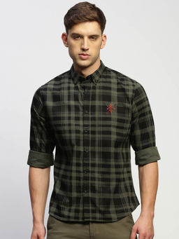 SHOWOFFFF - Mens Long Sleeves Checked Green Slim Fit Standard Shirt