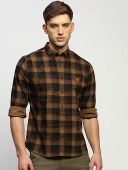 SHOWOFF - Mens Long Sleeves Checked Brown Slim Fit Standard Shirt