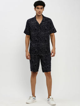 SHOWOFFFF - Mens Short Sleeves Printed Black Cuban Collar Oversized Co-Ord (Set of 2)