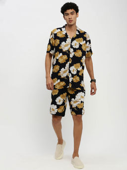 SHOWOFF - Mens Short Sleeves Printed Navy Blue Cuban Collar Oversized Co-Ord (Set of 2)