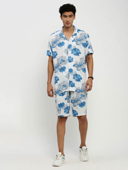 SHOWOFF - Mens Short Sleeves Printed Off White Cuban Collar Oversized Co-Ord (Set of 2)