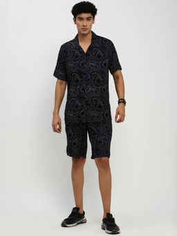 SHOWOFFFF - Mens Short Sleeves Printed Navy Blue Cuban Collar Oversized Co-Ord (Set of 2)