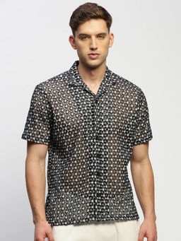 SHOWOFFFF - Mens Short Sleeves Self Design Black Slim Fit Comfort Shirt